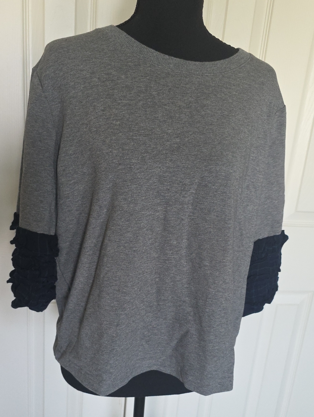 Miss Me Grey Short Sleeve Tee with Navy Ruffle Sleeves